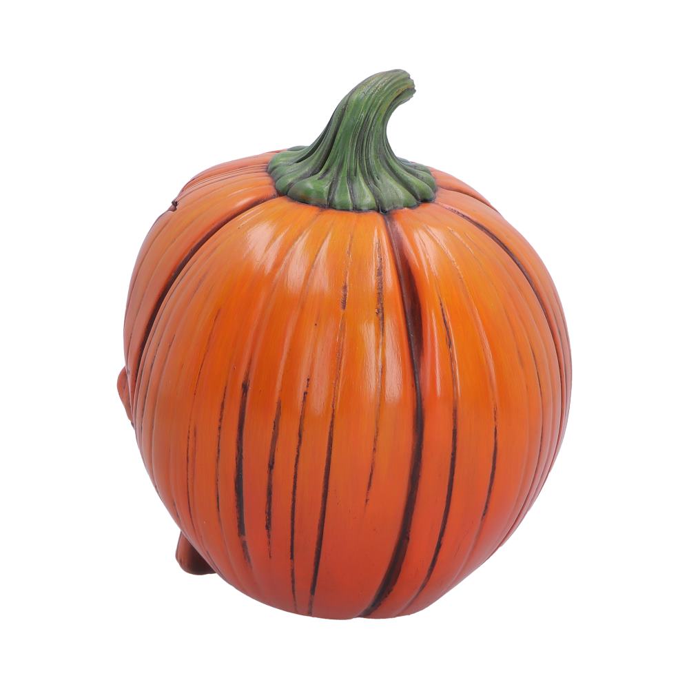 Rear view of the Hall of Horrors: The Spirit of Halloween Skull Figurine showing the detailed pumpkin textures, realistic skull sculpting, and premium hand-painted polyresin craftsmanship.
