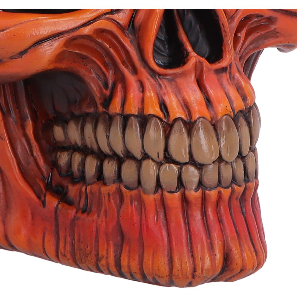 Close-up of a red and orange skull with detailed features gothic Halloween skull collectible