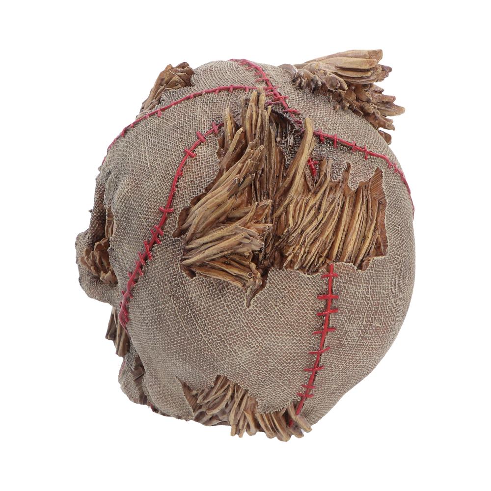 Rear view of the Hall of Horrors: The Keeper of the Harvest Skull showcasing the realistic sackcloth texture, straw detailing, premium hand-painted polyresin craftsmanship, and gothic scarecrow design.