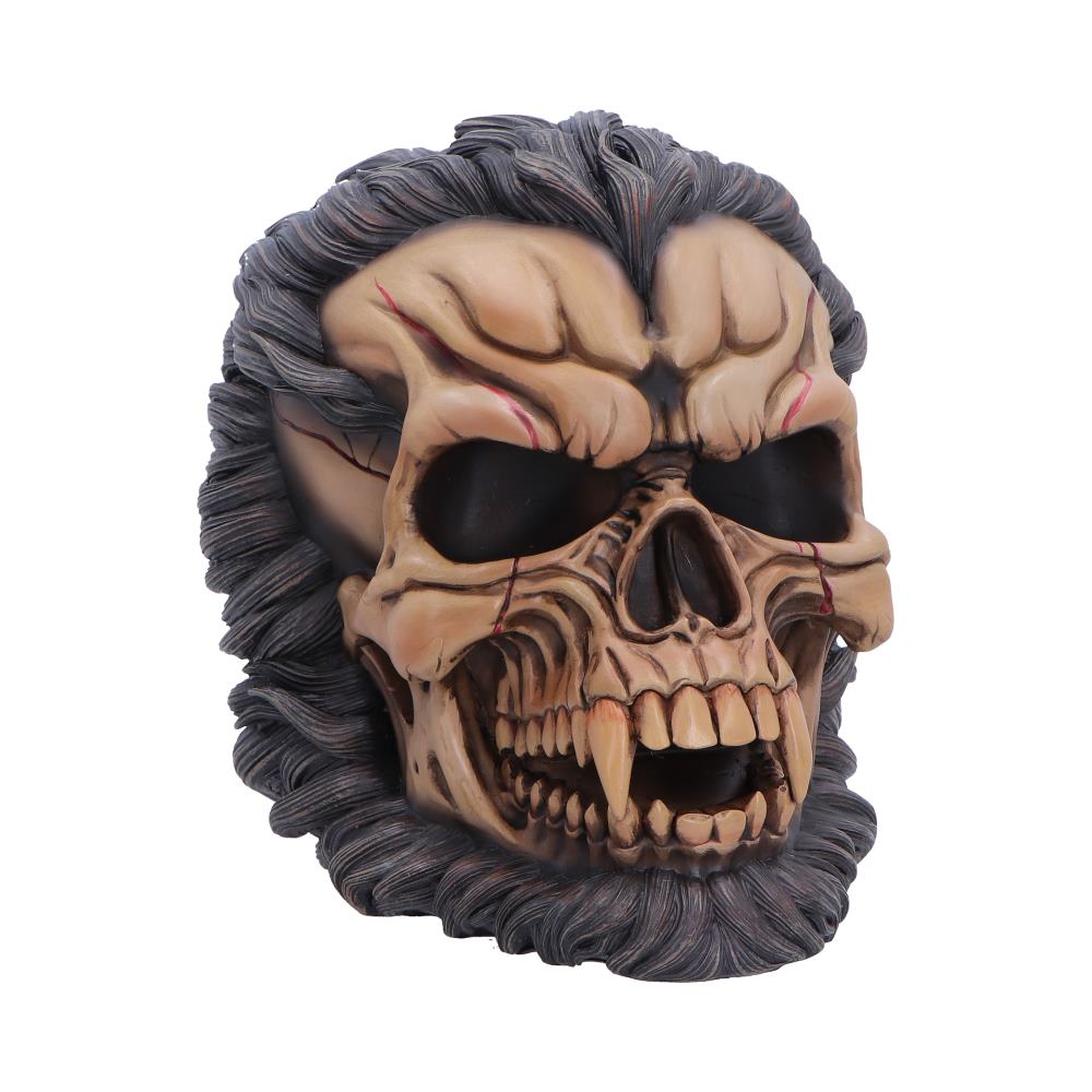 Hall of Horrors: The Beast of the Moon Skull 16cm featuring a werewolf-inspired skull with dark fur accents, sharp teeth, intricate sculpting, and a premium hand-painted polyresin finish.