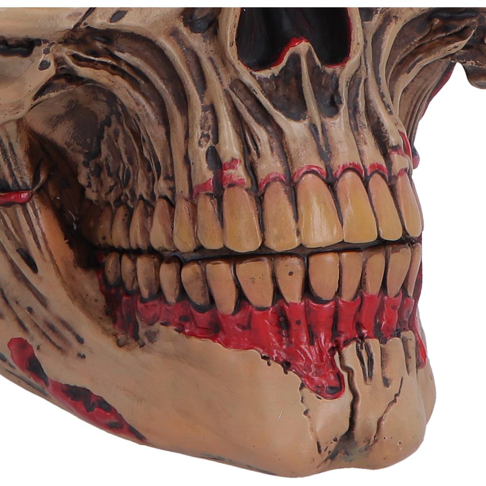 Close-up of a decorative skull with red accents Halloween zombie home décor