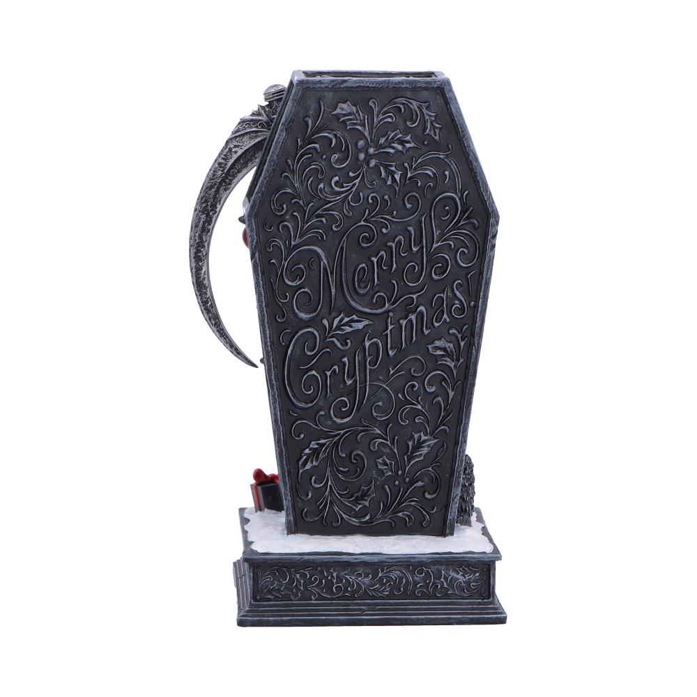 Rear view of the Silent Nightmares: Merry Cryptmas Figurine showcasing the detailed coffin, festive robes, snow-covered base, intricate sculpting, and premium hand-painted resin craftsmanship.