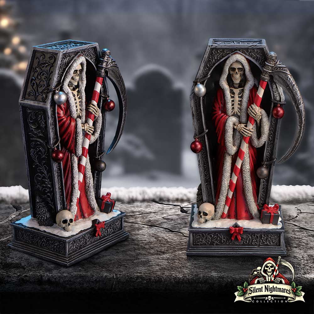 Silent Nightmares festive Reaper ornament in a coffin