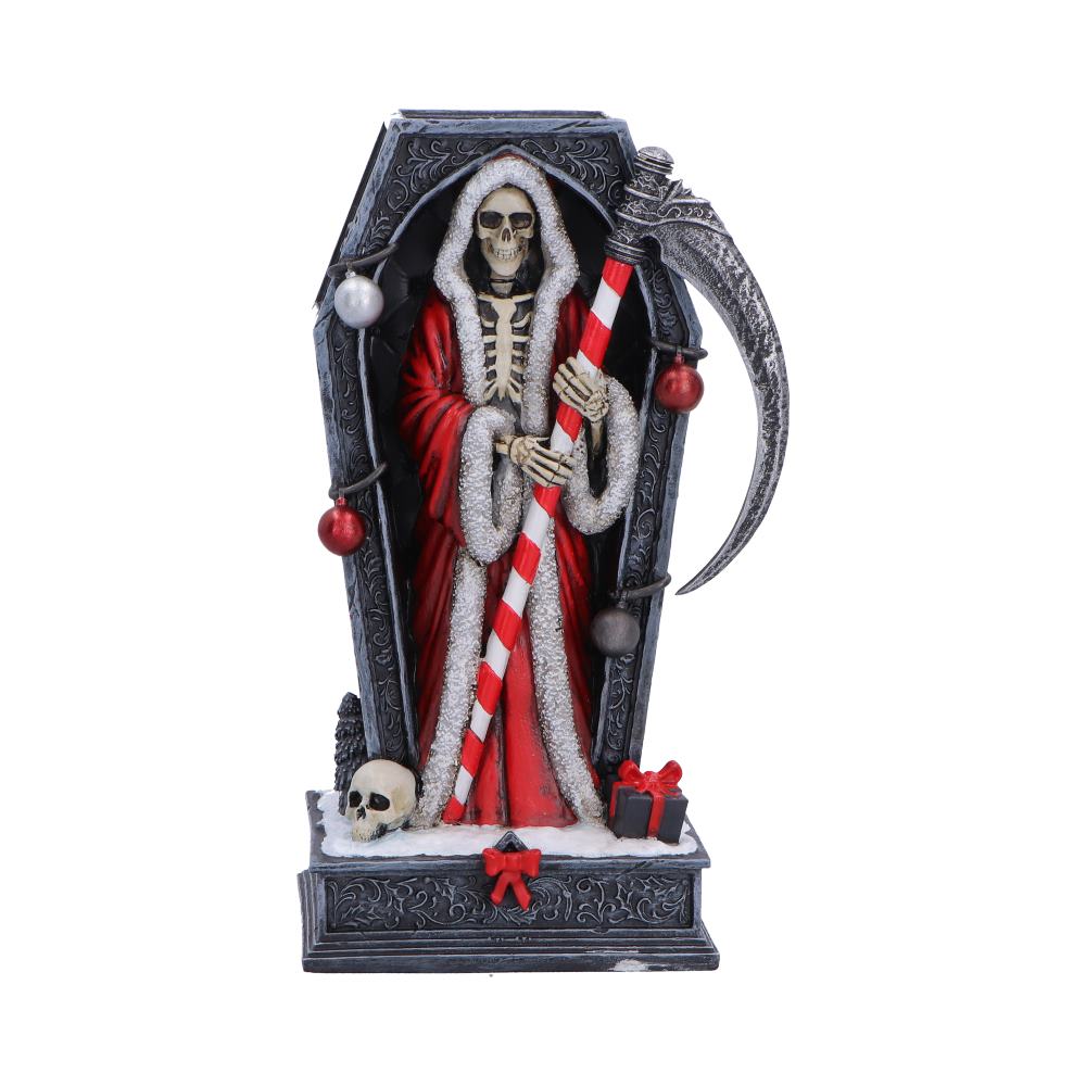Silent Nightmares: Merry Cryptmas Figurine 17.5cm featuring a Santa-robed Grim Reaper standing in a detailed coffin with a candy cane scythe, snow-covered base, and premium hand-painted resin finish.