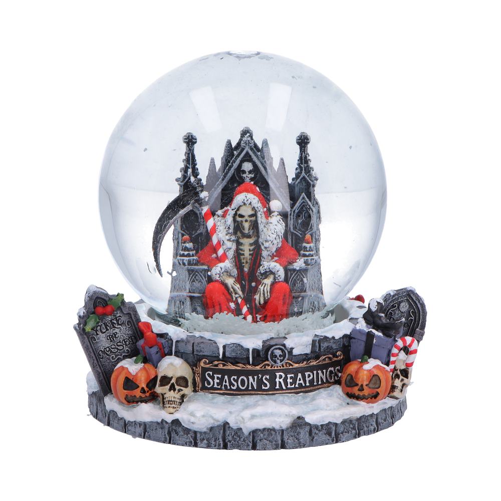 Silent Nightmares: Seasons Reapings Snow Globe 12.5cm featuring a Santa Reaper seated on a gothic throne with a candy cane scythe, snowfall effect, and premium hand-painted resin detailing.