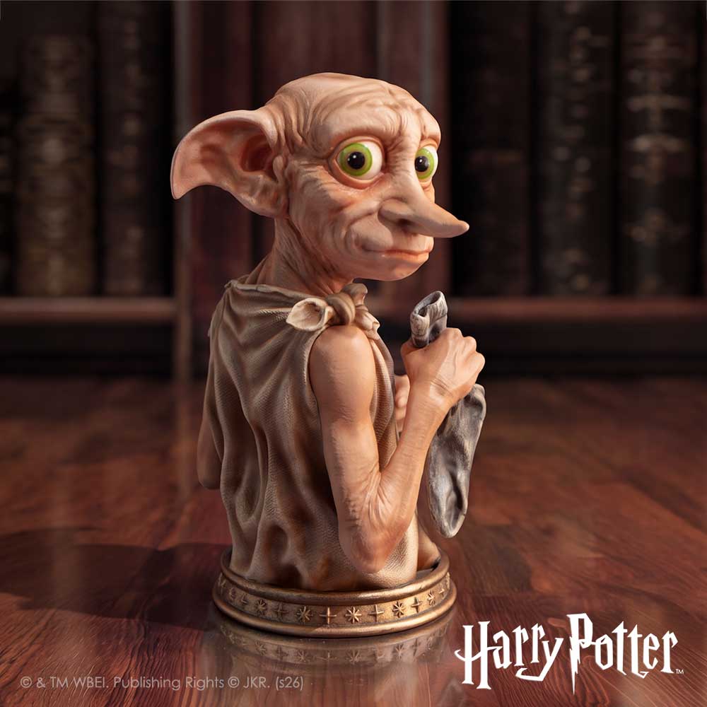 Harry Potter Dobby Bust displayed on a shelf as part of a Wizarding World collection on display
