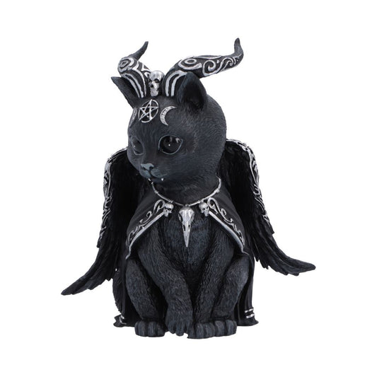 Halpurr devilish black cat figurine styled as a gothic demon, featuring curved horns with silver patterns, a pentagram and crescent moon on its forehead, a silver collar with a skull pendant, and small wings on its back.