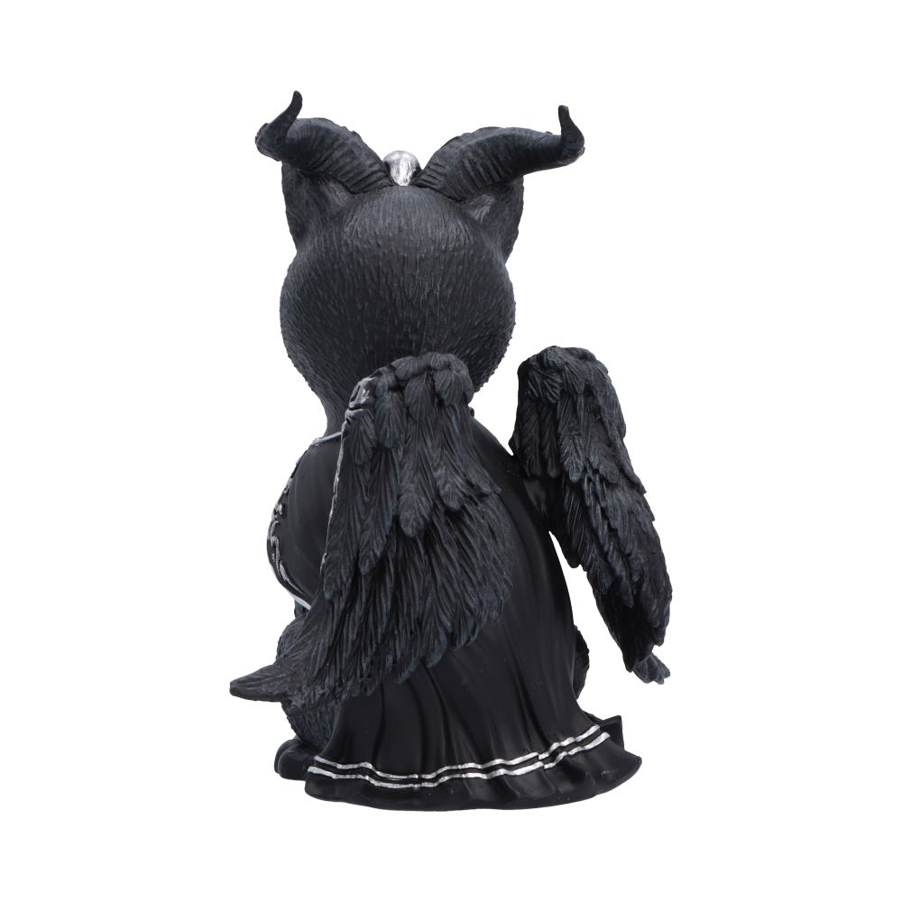 Rear view of Halpurr Nemesis Now Cult Cuties figurine wearing a black dress with white trim and featuring large feathered wings