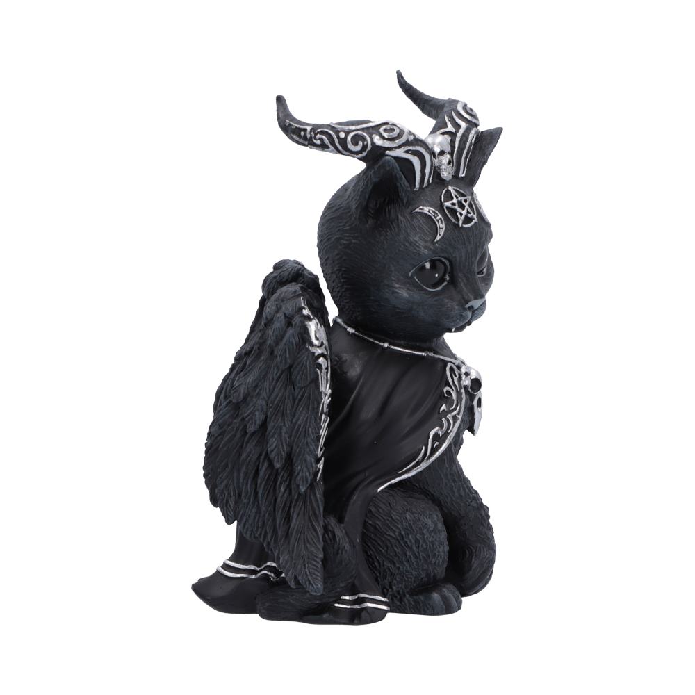 Detailed Halpurr Nemesis Now gothic cat figurine styled as a demon, featuring silver pentagrams on its forehead and horns, a black cape with silver trim, and large feathered wings