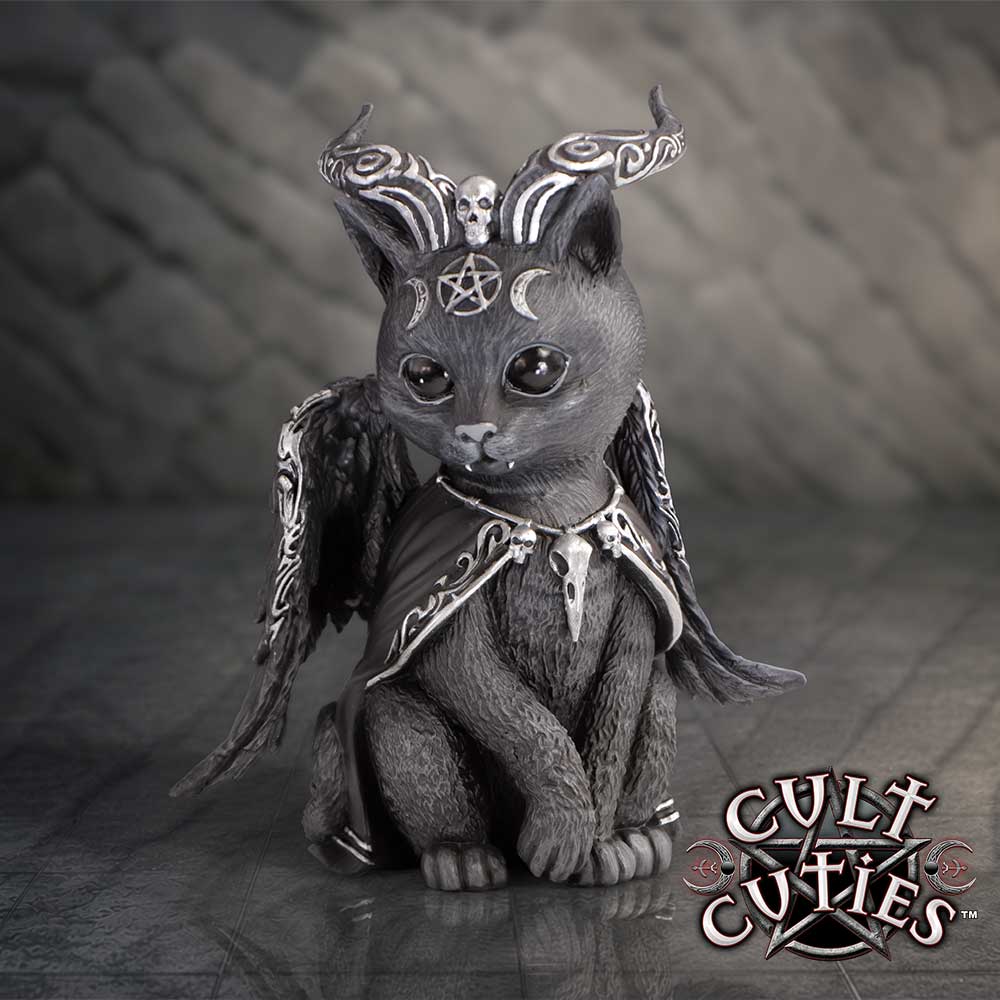 Halpurr Cult Cuties gothic cat figurine styled as a Baphomet, featuring horns with skull and moon designs, a pentagram on its forehead, a small wing, and a draped black cape with silver pentagrams and skull details displayed as alternative home décor