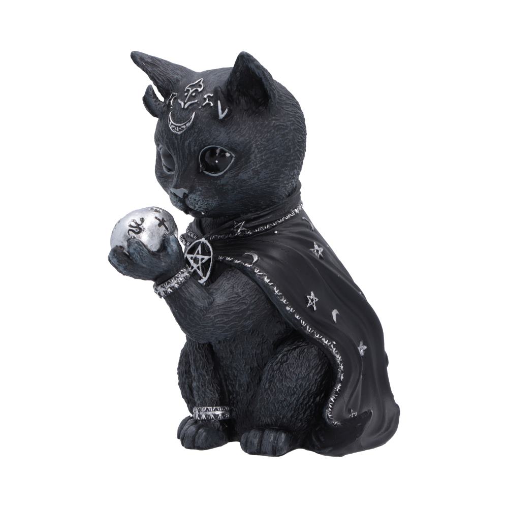 Side view of Feligor 10.2cm Nemesis Now figurine a black cat figurine dressed as a witch, wearing a black cape with silver star and moon details, holding a silver skull. The cat has silver celestial accessories on its forehead, neck, and paws.