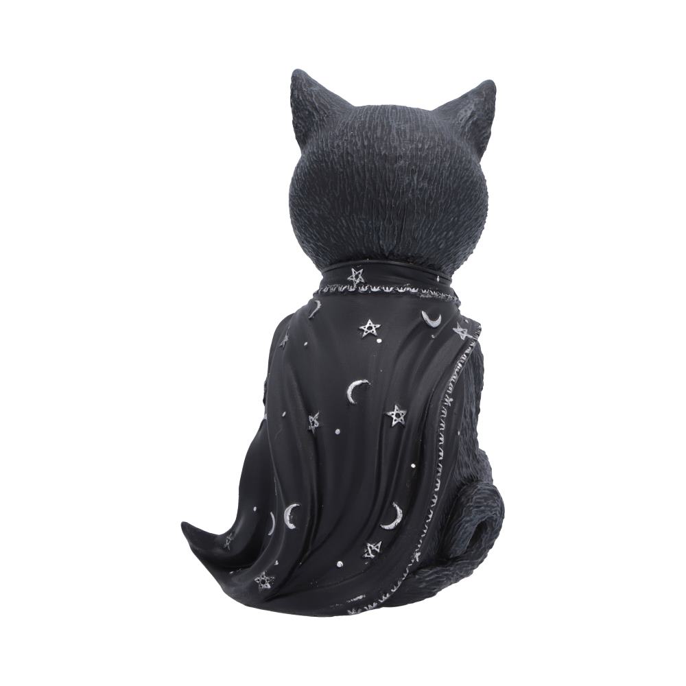 Rear view of Feligor Cult Cuties gothic black cat figurine wearing a black robe printed with white stars and crescent moons.