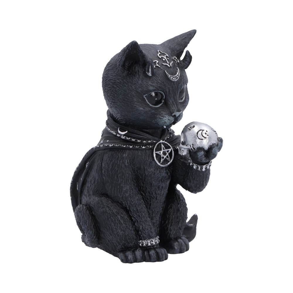A black cat figurine with gothic accessories, including a pentagram collar, a crescent moon headpiece, and a silver skull held in its paws.