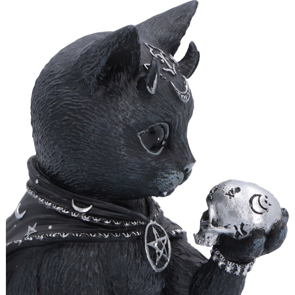 Detailed Feligor Cult Cuties gothic cat figurine styled as a gothic witch, wearing a black collar with silver crescent moon and pentagram charms, holding a silver skull in its paws.