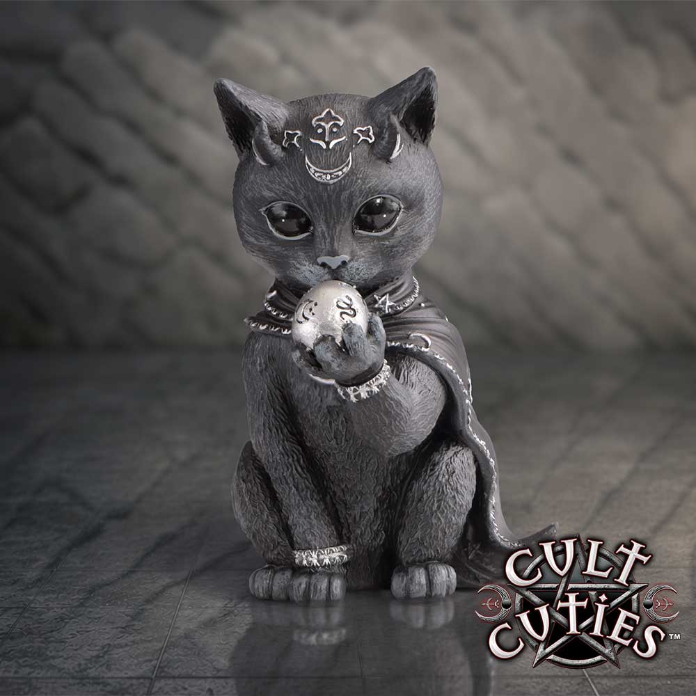 A gothic black cat figurine holding a silver skull, adorned with celestial symbols on its forehead and a dark cape for alternative home décor on display