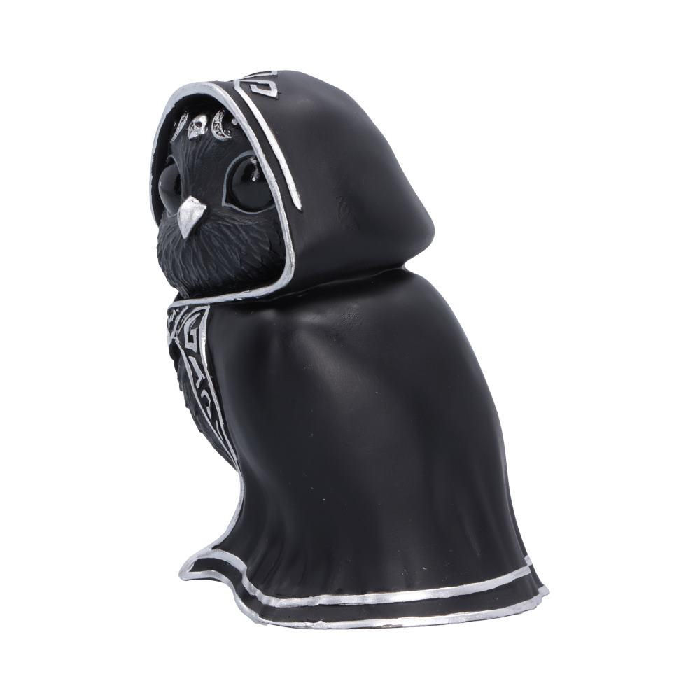 Side view of Featheros 9.6cm gothic bird figurine, a black hooded owl figurine with silver trim and a small silver bow on the hood.