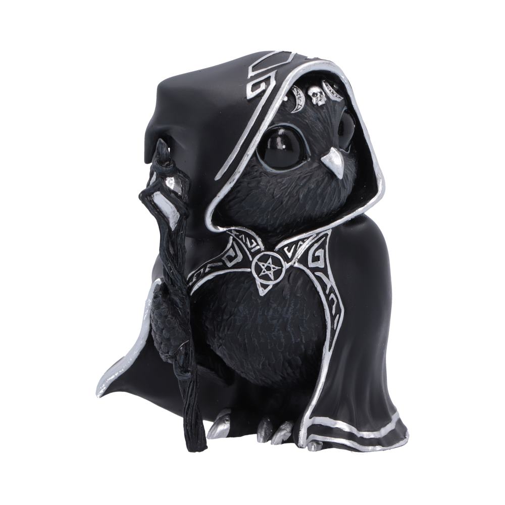 Featheros gothic bird figurine in black hooded cloak with magical staff with silver Celtic-style geometric trim, a pentagram pendant on the chest.