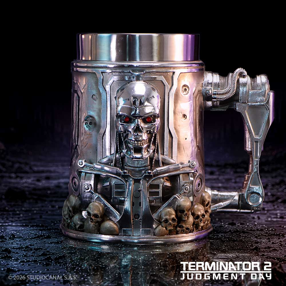Terminator 2 T-800 tankard collectible for sci-fi and movie memorabilia fans on display