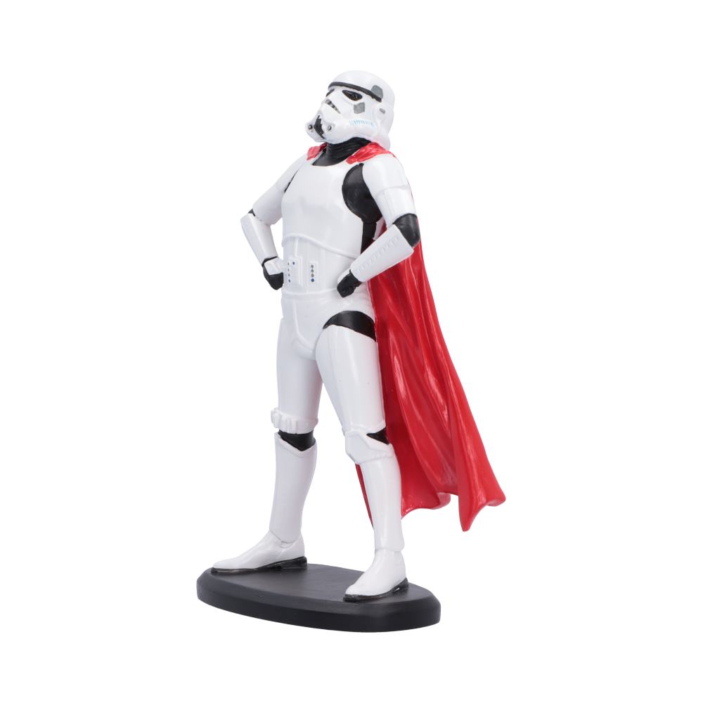 Side view of Original Stormtrooper Super Trooper figurine standing on a black base, featuring a white armored suit with black accents and a flowing red cape.