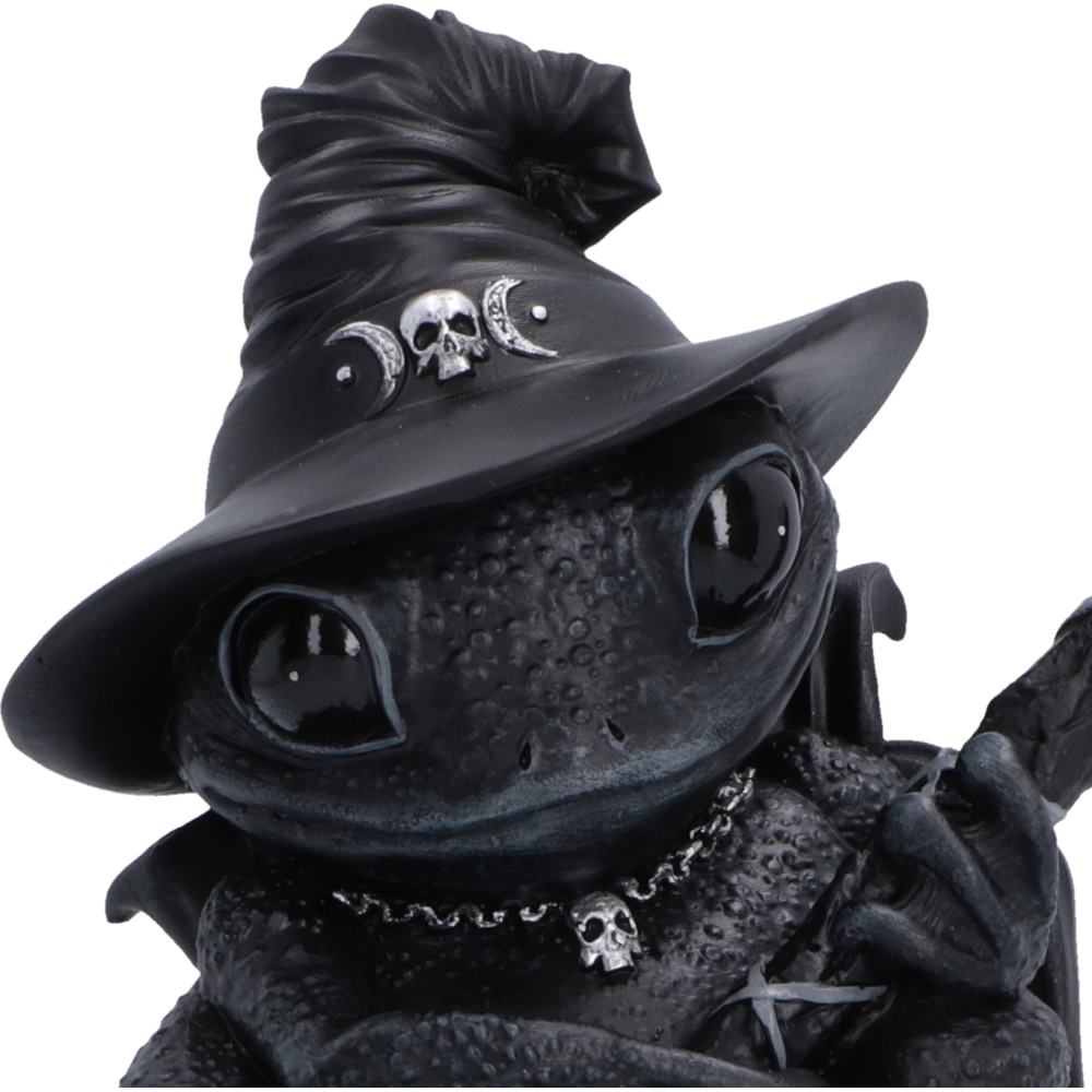 Close-up of Asmodeus gothic-style frog figurine wearing a tall black witch hat with silver skull and moon decorations, a black robe, and a skull pendant necklace
