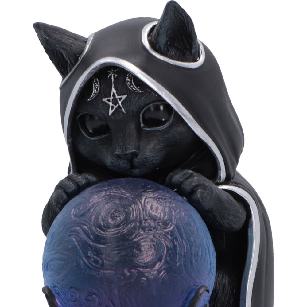 A black cat Cult Cuties Zefur figurine wearing a hooded robe with silver moon and star symbols on the forehead, holding a blue-purple swirling orb