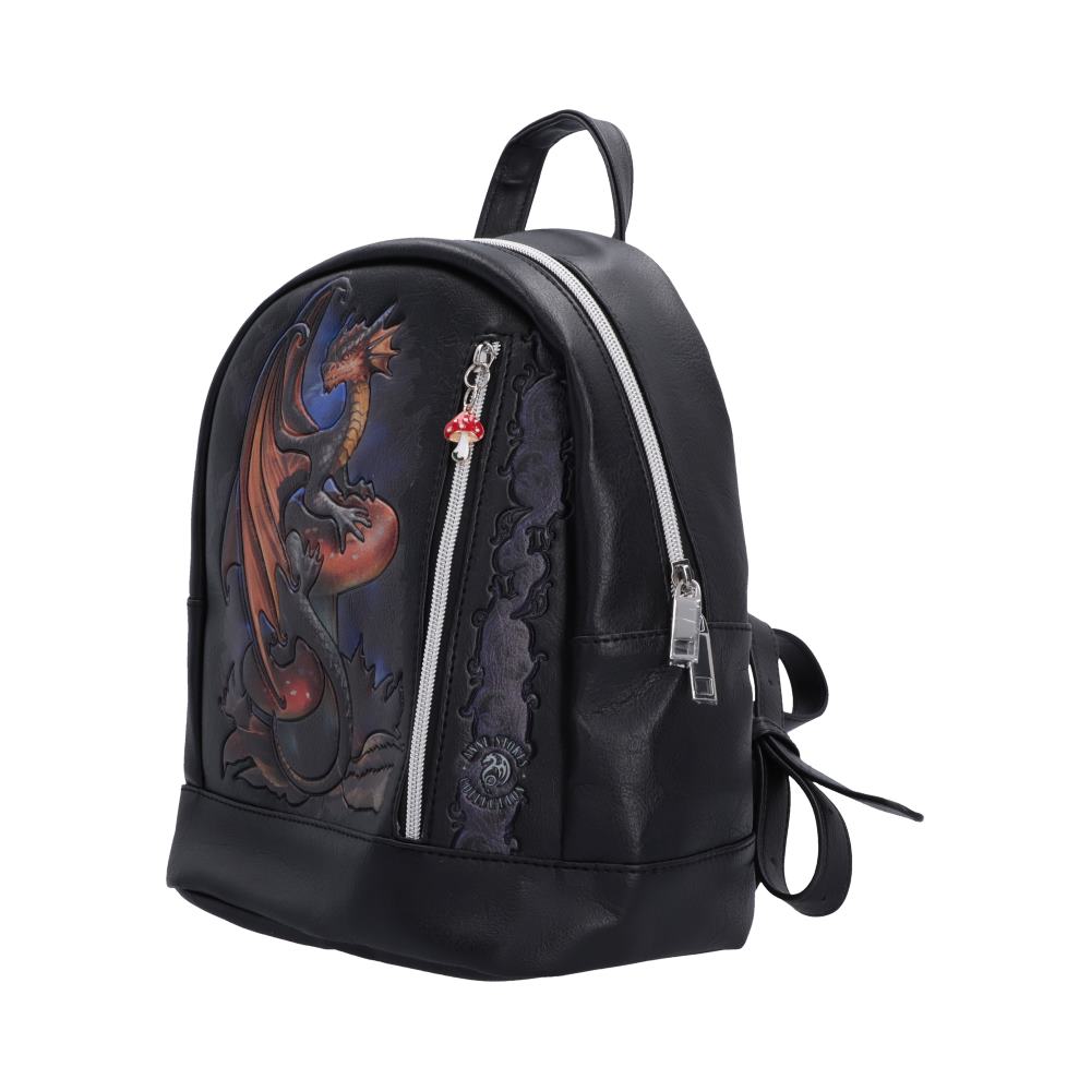 Side view of Mushroom Dragon 33.2cm Anne Stokes fantasy black faux leather backpack featuring a detailed embossed dragon design on the front pocket, silver zippers, and a top handle.