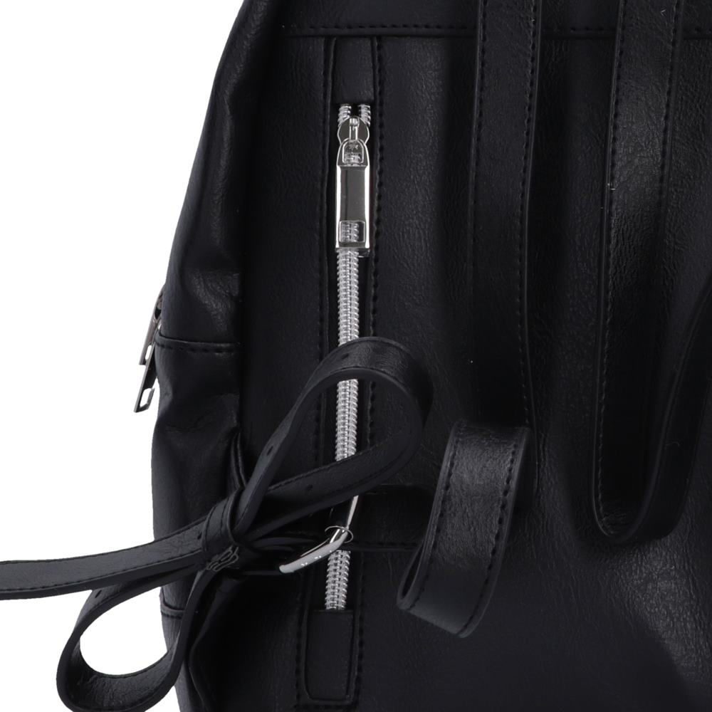 Close-up of a black faux-leather backpack showing a vertical silver zipper, a black adjustable strap