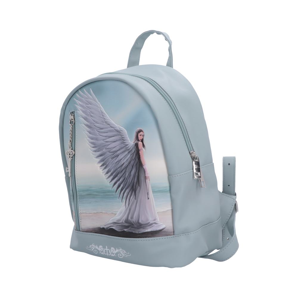 Side view of Spirit Guide 33.2cm Anne Stokes a light blue backpack featuring a printed graphic of a winged angel standing on a beach