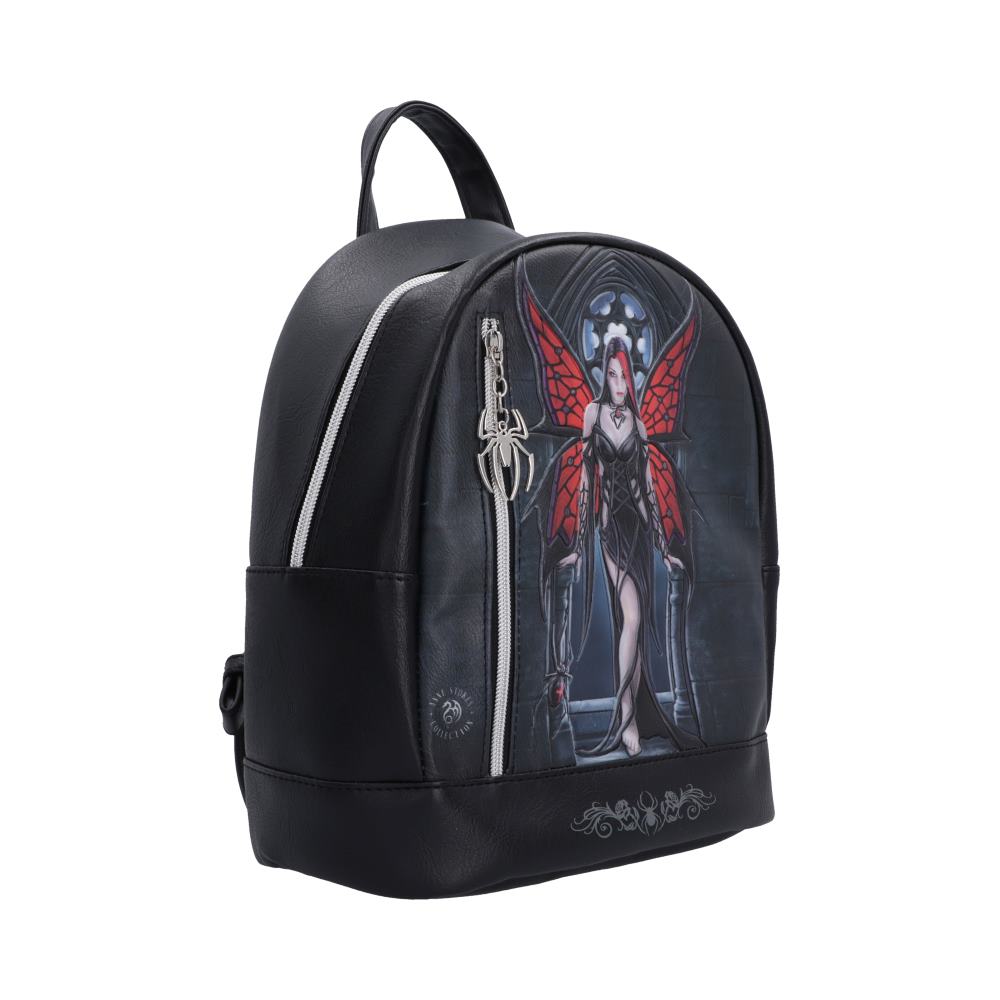 Front view of Aracnafaria Anne Stokes gothic backpack with red and black spider wings