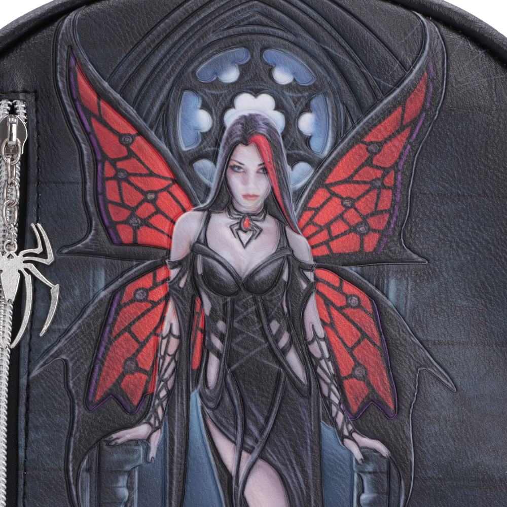 Close-up and detailed view of Aracnafaria in flowing black gown on fantasy artwork by Anne Stokes on black backpack