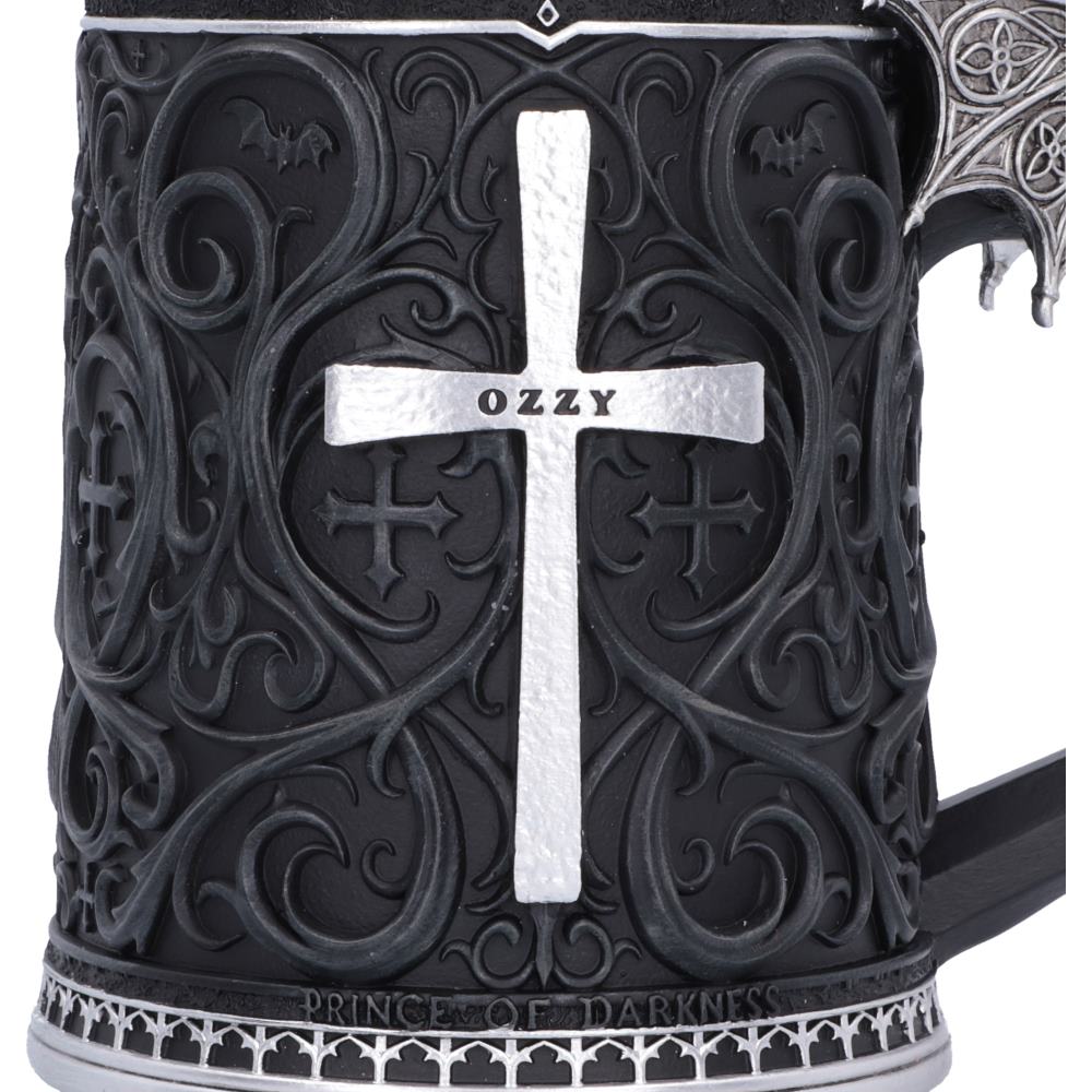 Close-up of the Ozzy Osbourne Prince of Darkness Tankard showing the intricate Gothic pattern and silver cross engraved with Ozzy's name.