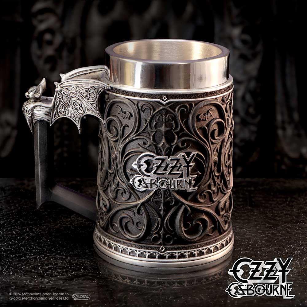 An ornate metal mug with a gothic design, featuring a bat-shaped handle, intricate scrollwork, and the 'Ozzy & Bourn' logo on the front on display