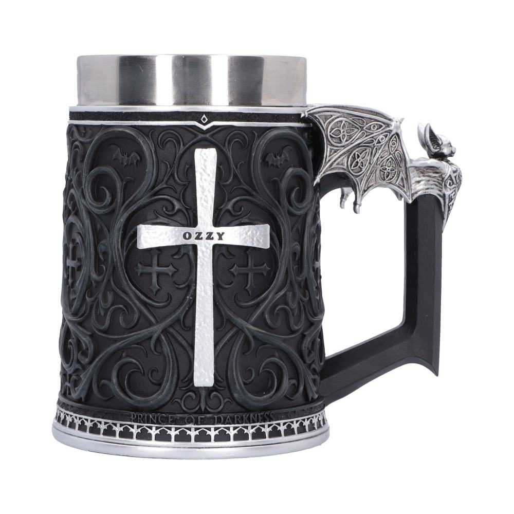 Ozzy Osbourne Prince of Darkness Tankard 15.6cm featuring Gothic detailing, a silver cross, Ozzy Osbourne logo and silver bat handle decoration.