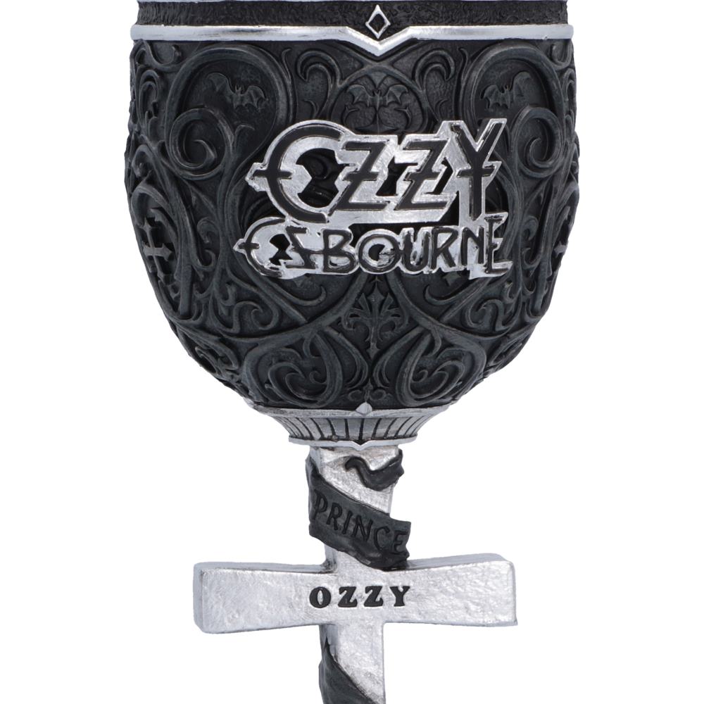Close-up of the Ozzy Osbourne Prince of Darkness Goblet showing the Gothic body pattern and large silver cross handle with Ozzy engraved at the centre.
