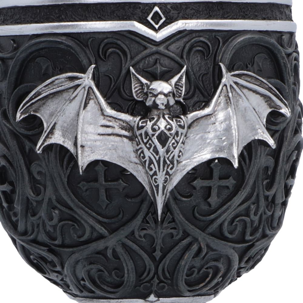 Close-up of the detailed silver bat decorating the reverse of the officially licensed Ozzy Osbourne goblet.