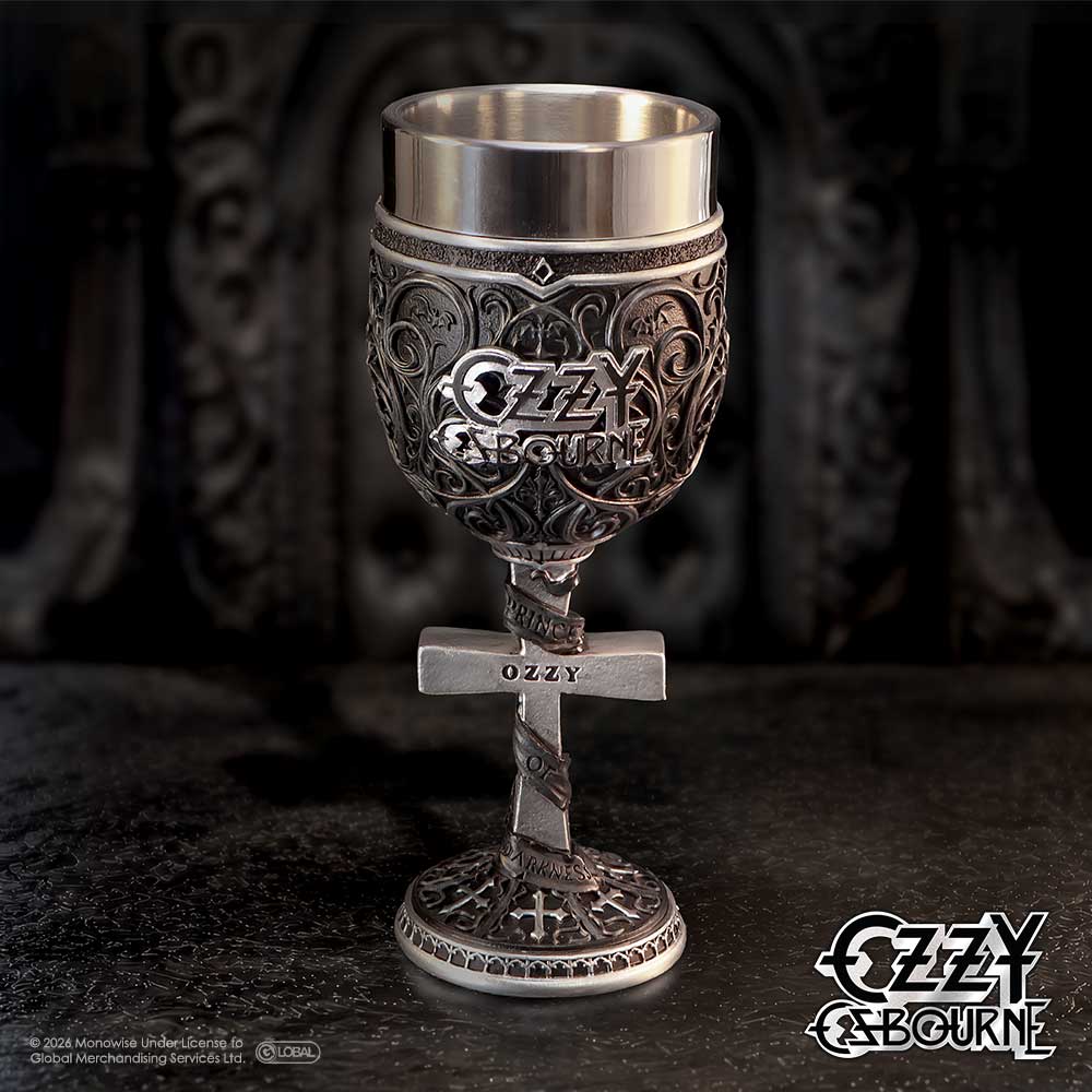 Ozzy Osbourne themed pewter goblet cup featuring a detailed black and silver design with the 'Ozzy Osbourne' name on the bowl and 'Ozzy' on a cross-shaped stem detail on display