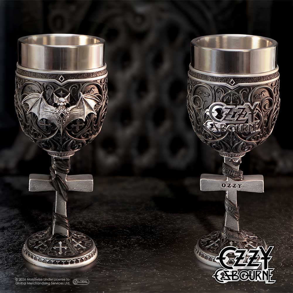 Ozzy Osbourne goblet with silver cross handle Prince of Darkness goblet by Nemesis Now