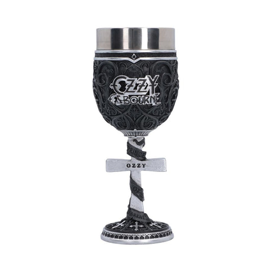 Ozzy Osbourne Prince of Darkness Goblet 19.5cm featuring an intricate Gothic pattern, silver cross handle, Ozzy engraving and silver bat detail.
