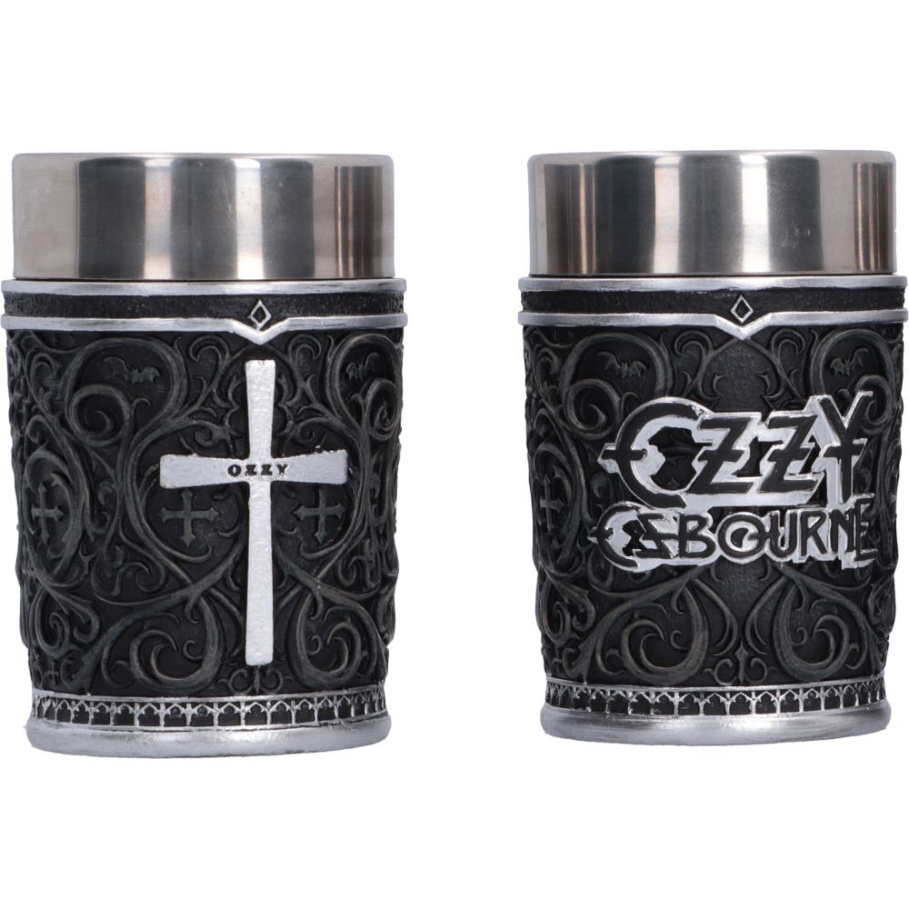 Ozzy Osbourne Gothic shot glass featuring a silver cross-inspired Prince of Darkness design and the iconic Ozzy Osbourne logo in silver detailing.