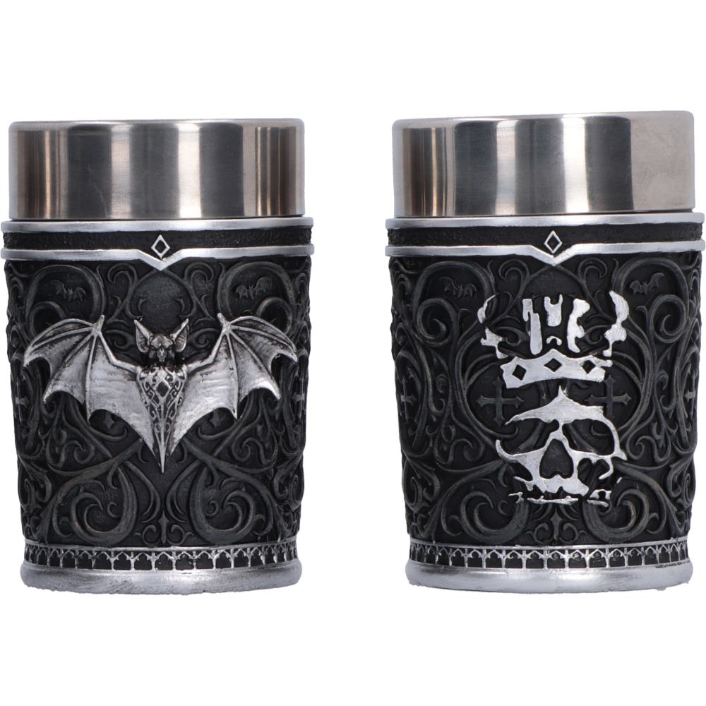 Ozzy Osbourne Gothic shot glass featuring a detailed silver bat design and shot glass featuring a crowned skull with striking silver accents.