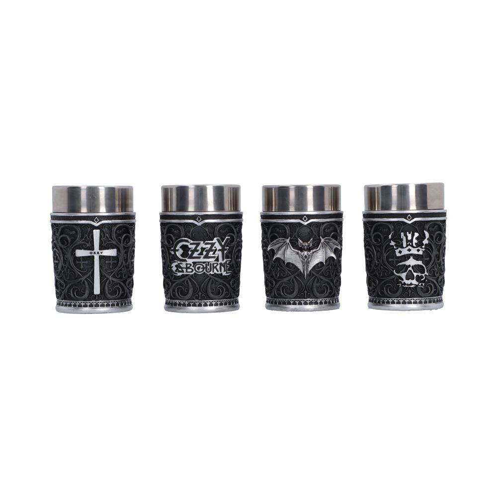 Ozzy Osbourne Prince of Darkness Shot Glass Set 8.6cm featuring four Gothic shot glasses with silver cross, Ozzy logo, bat and crowned skull designs.