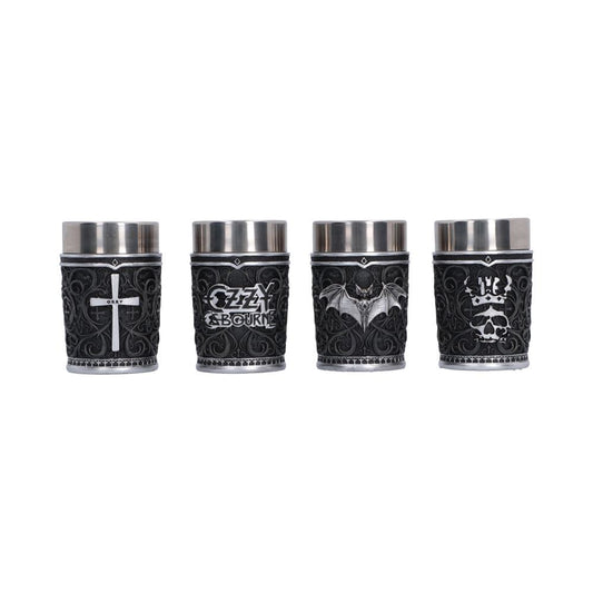 Ozzy Osbourne Prince of Darkness Shot Glass Set 8.6cm featuring four Gothic shot glasses with silver cross, Ozzy logo, bat and crowned skull designs.