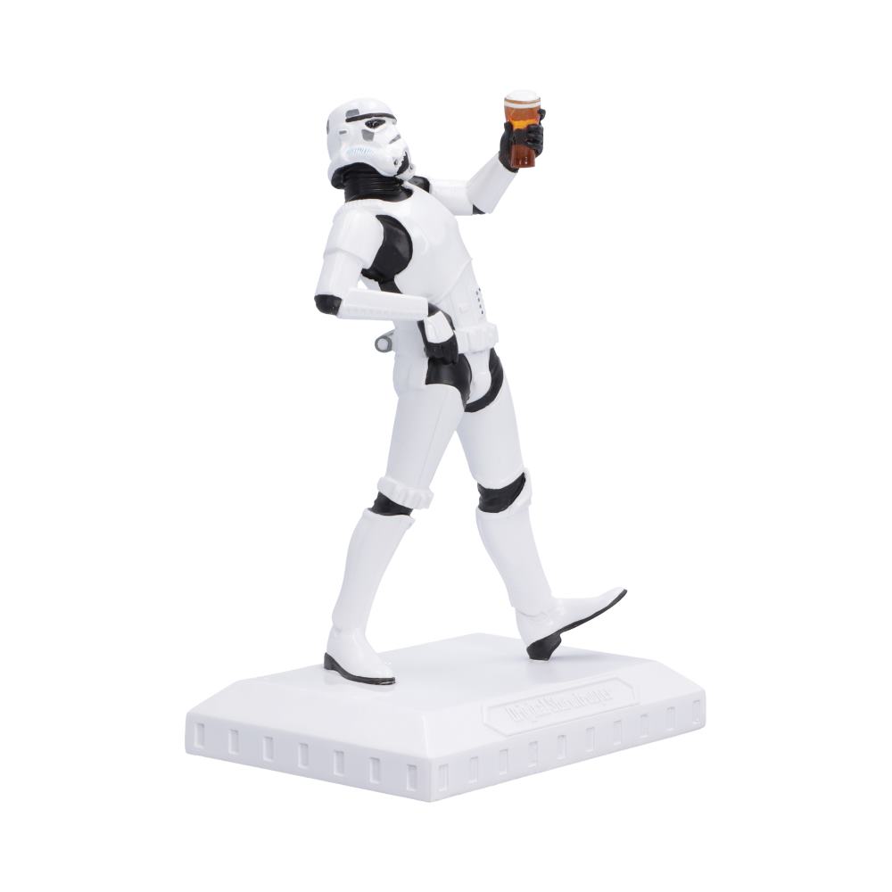 A Star Wars Stormtrooper resin figurine walking on a white display base while raising a glass