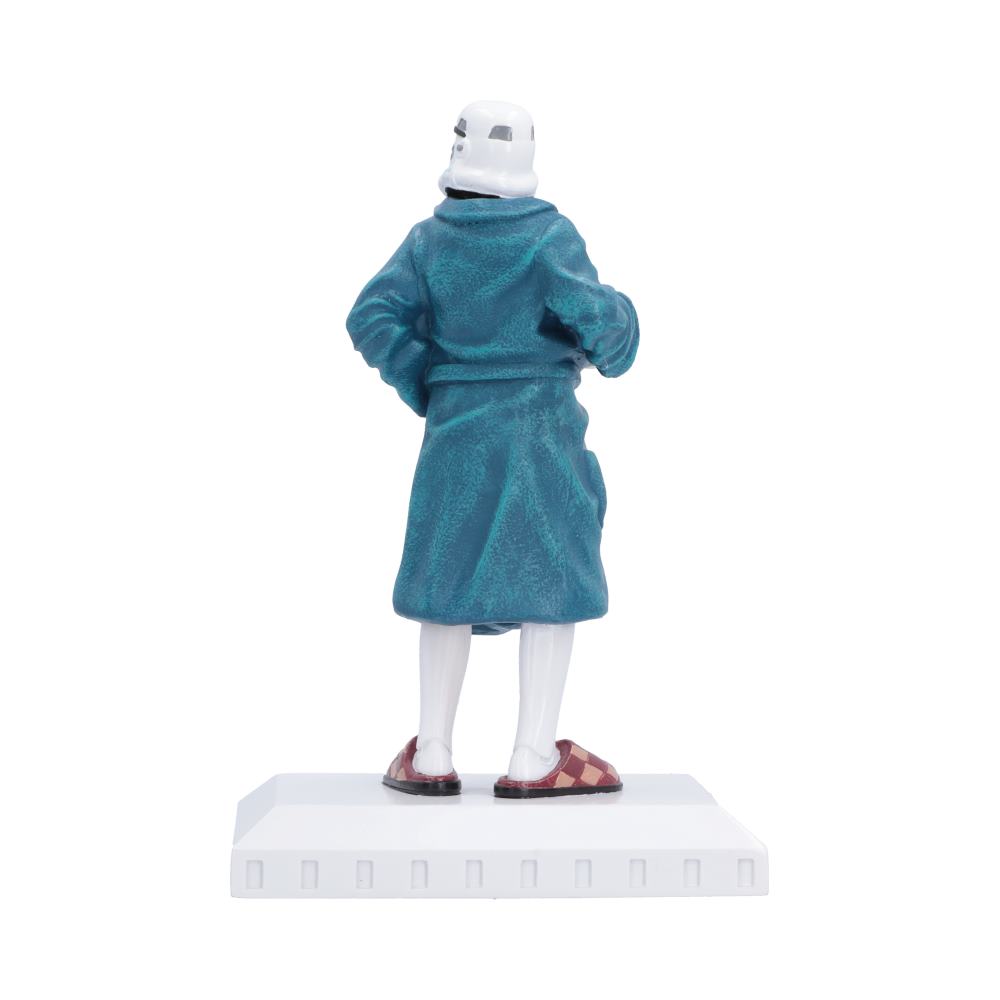 Rear view of Stormtrooper Off Duty wearing a blue dressing gown