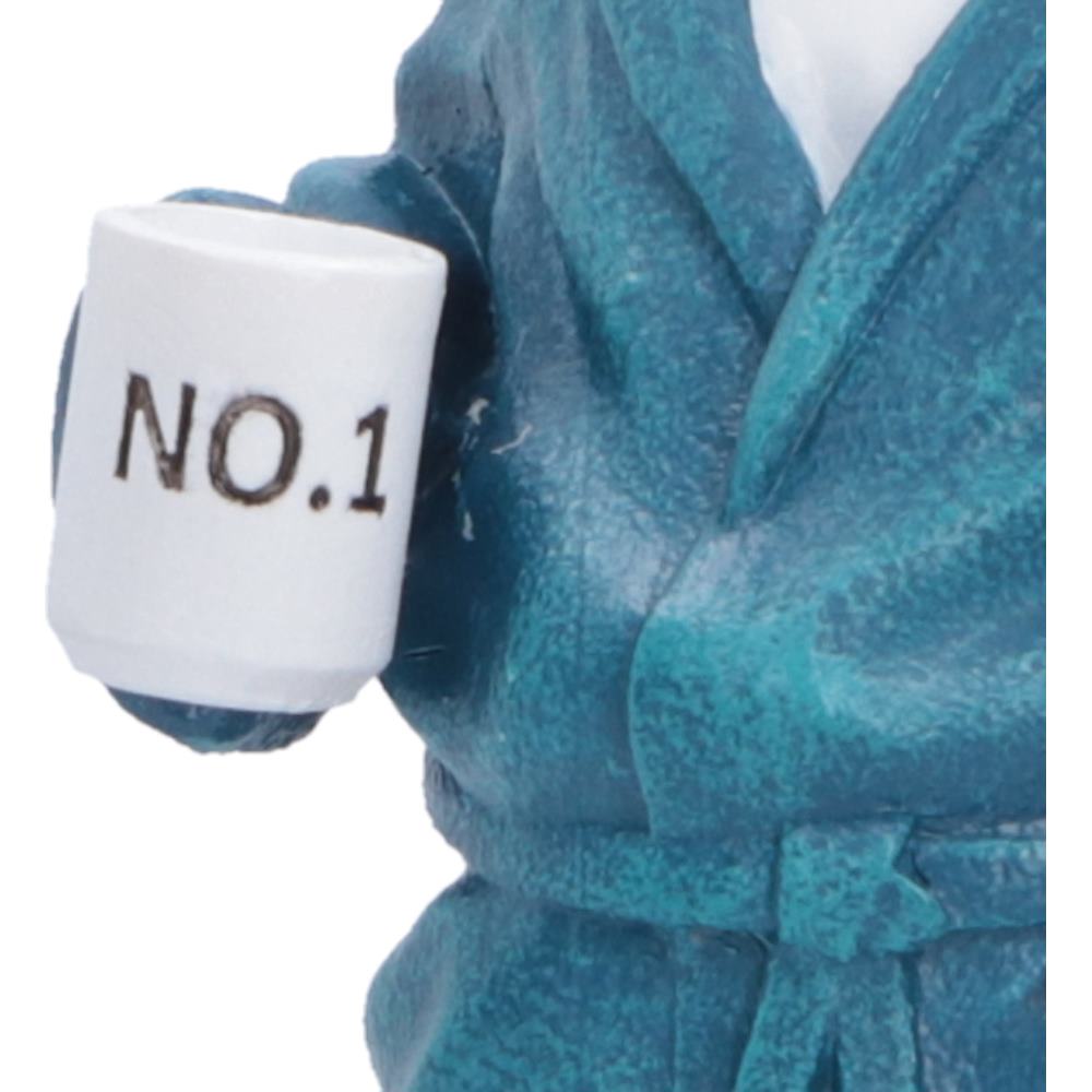 Close-up of Stormtrooper Off Duty figurine wearing a textured teal-blue robe and holding a white mug printed with the words 'NO.1' in black.