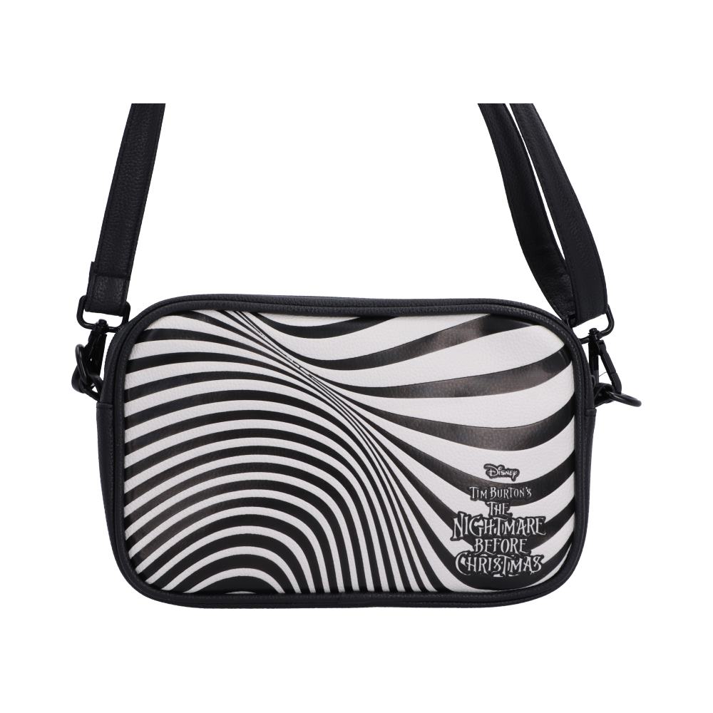 Rear view of The Nightmare Before Christmas Jack Bag with swirl pattern, a Disney The Nightmare Before Christmas crossbody bag featuring a black and white optical illusion wavy stripe pattern, with the official Disney logo and movie title printed.