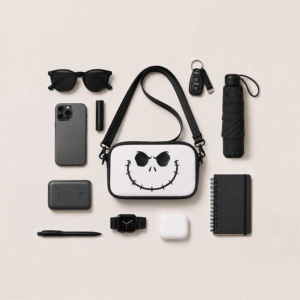 Adjustable shoulder strap and zipped main compartment on The Nightmare Before Christmas Jack Bag surrounded with accessories