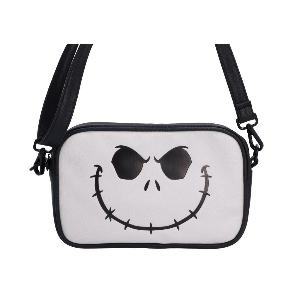 The Nightmare Before Christmas Jack Skellington Bag 26.7cm a black border and a stylized Jack Skellington face printed on the front, featuring a black adjustable shoulder strap.
