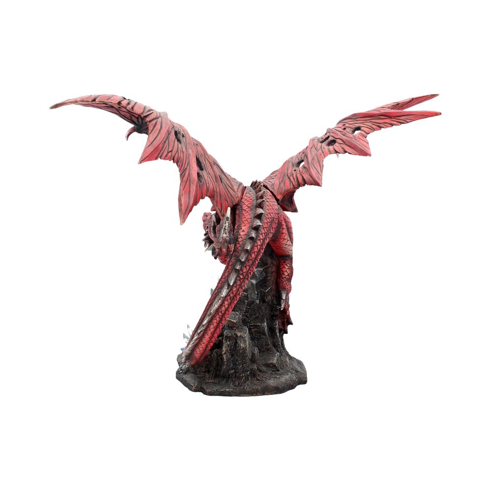 Rear view of the Fraener's Wrath Dragon Figurine showing the expansive tattered wings, sculpted tail, blue crystal clusters, rocky base, and premium hand-painted resin finish.