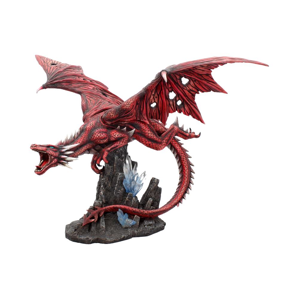 Fraener's Wrath Dragon Figurine 52cm featuring a roaring red dragon with tattered wings perched on a black rock formation surrounded by vivid blue crystals.